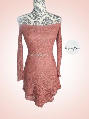 LOVE, FIRE Off-Shoulder Burnt Rose Lace Dress - Small
